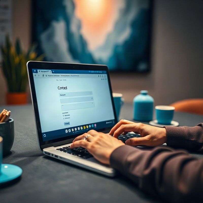 Manos escribiendo en una laptop con un formulario de contacto