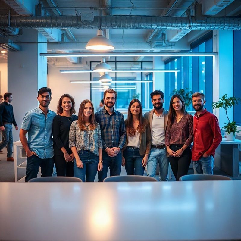Retrato de equipo pequeño en un coworking de Buenos Aires